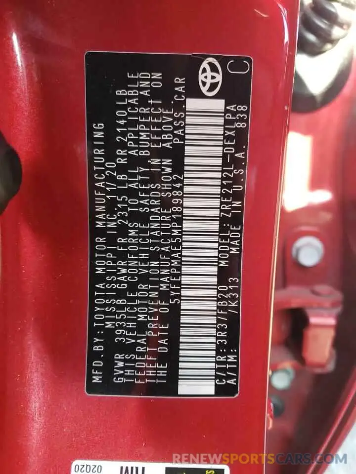 14 fotografías del automóvil dañado 5YFEPMAE5MP189842 TOYOTA COROLLA 2021