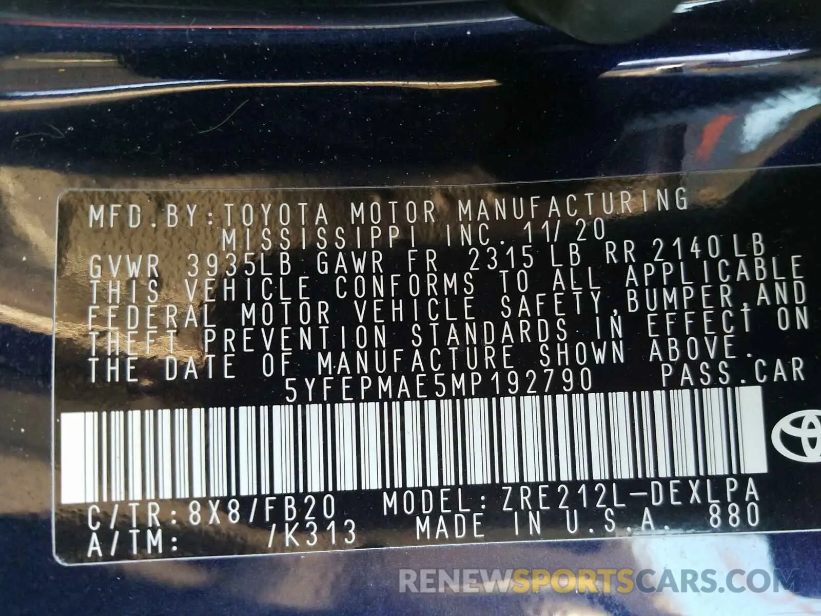 10 fotografías del automóvil dañado 5YFEPMAE5MP192790 TOYOTA COROLLA 2021