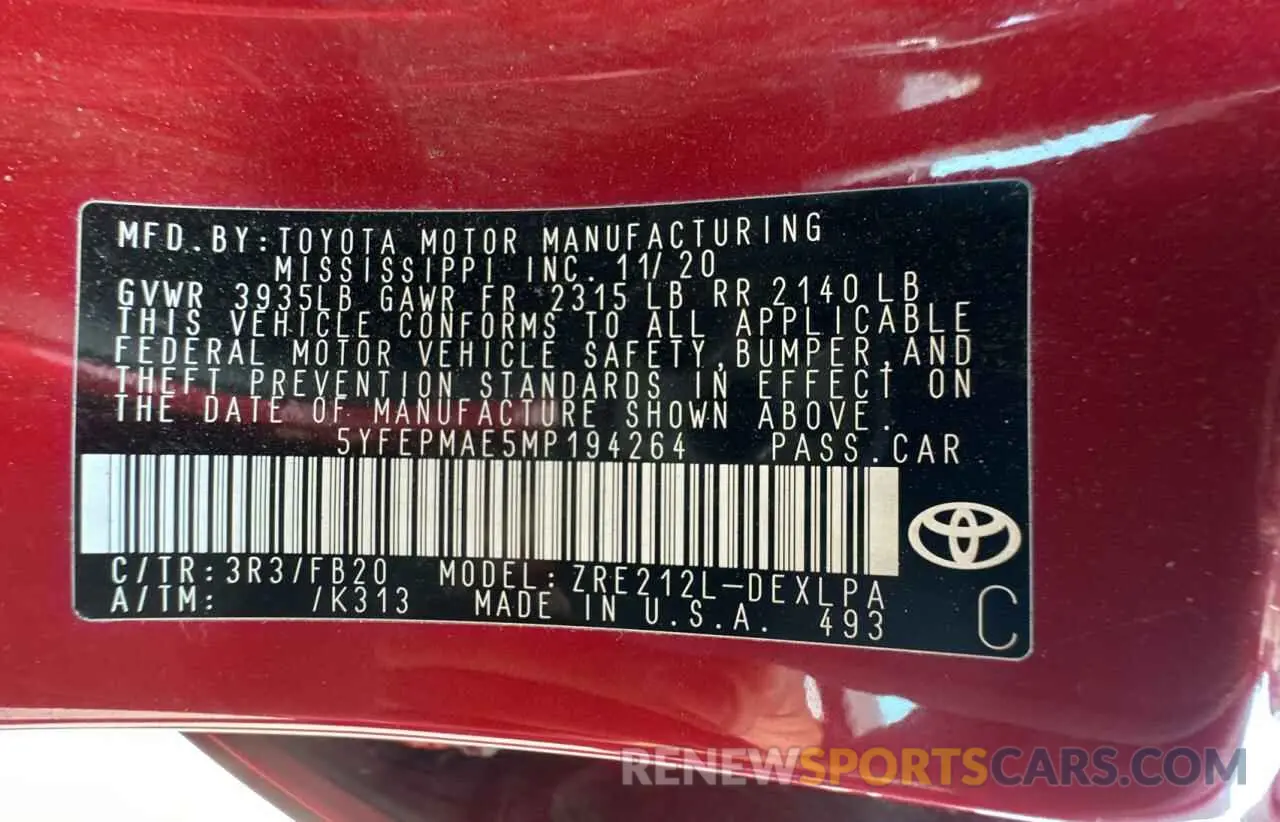 10 fotografías del automóvil dañado 5YFEPMAE5MP194264 TOYOTA COROLLA 2021