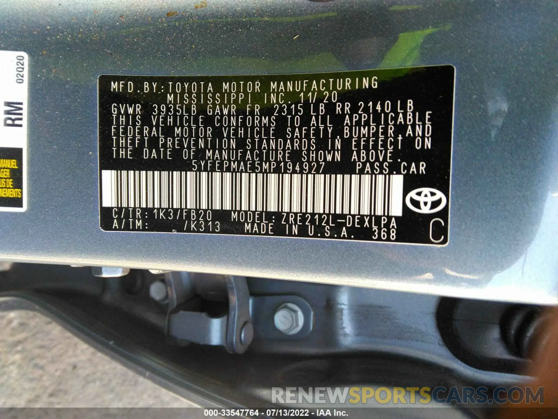 9 fotografías del automóvil dañado 5YFEPMAE5MP194927 TOYOTA COROLLA 2021