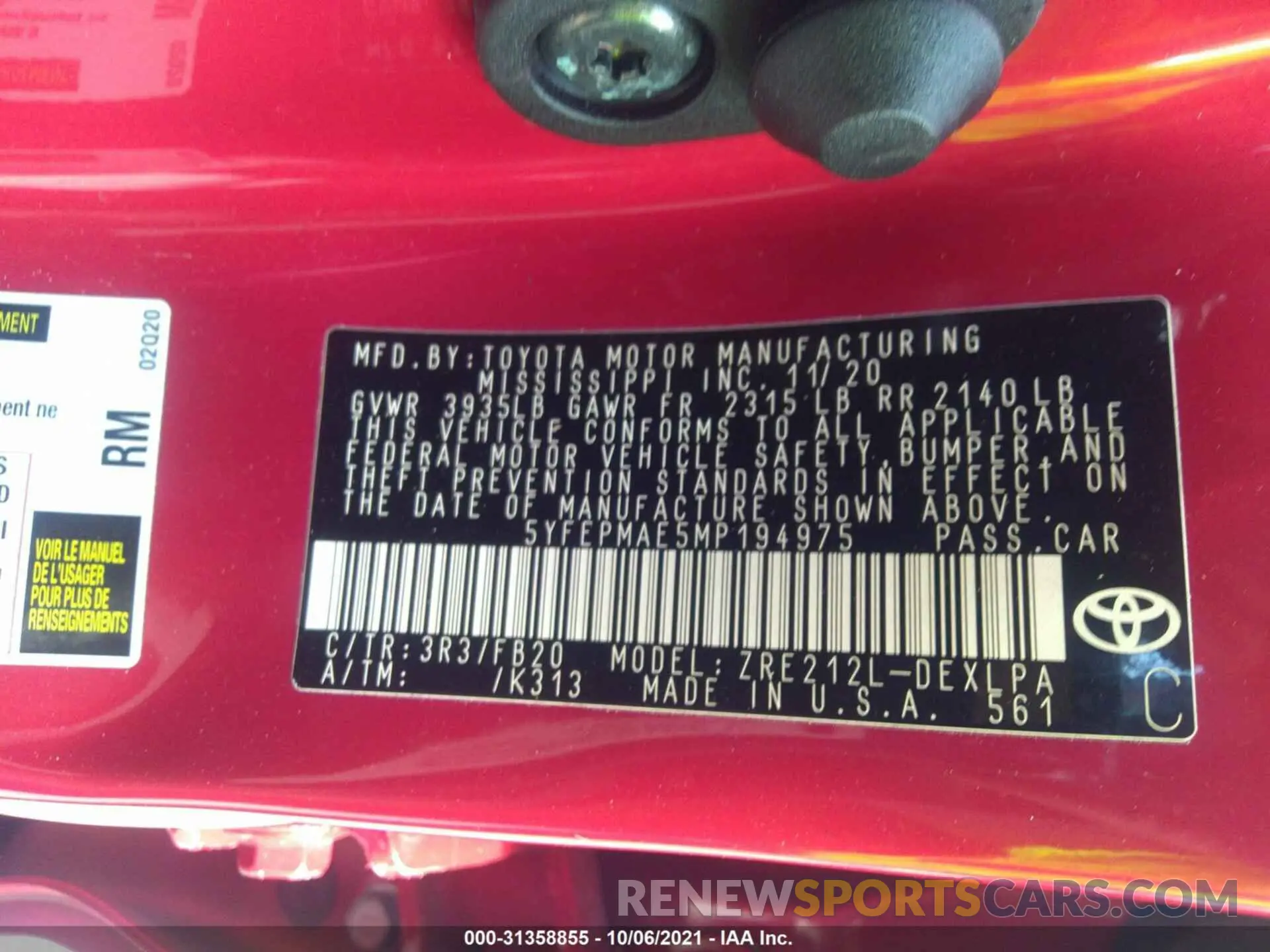 9 fotografías del automóvil dañado 5YFEPMAE5MP194975 TOYOTA COROLLA 2021