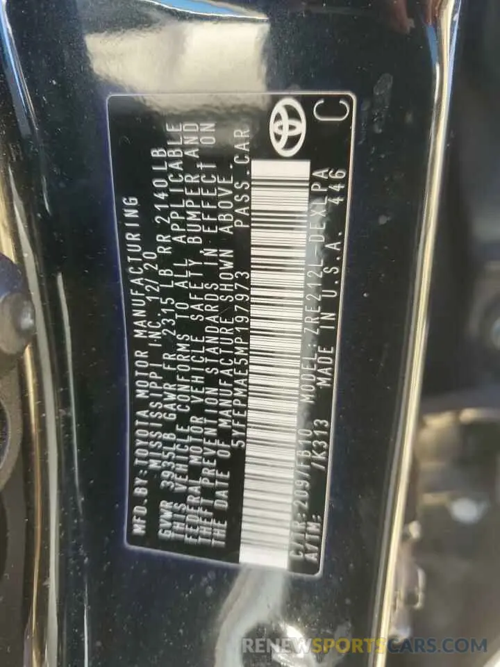 13 fotografías del automóvil dañado 5YFEPMAE5MP197973 TOYOTA COROLLA 2021