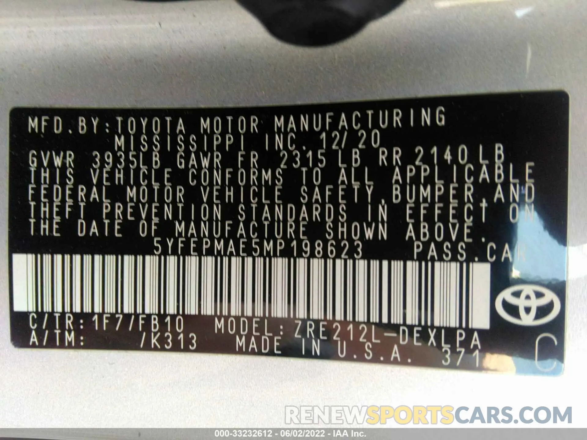 9 fotografías del automóvil dañado 5YFEPMAE5MP198623 TOYOTA COROLLA 2021