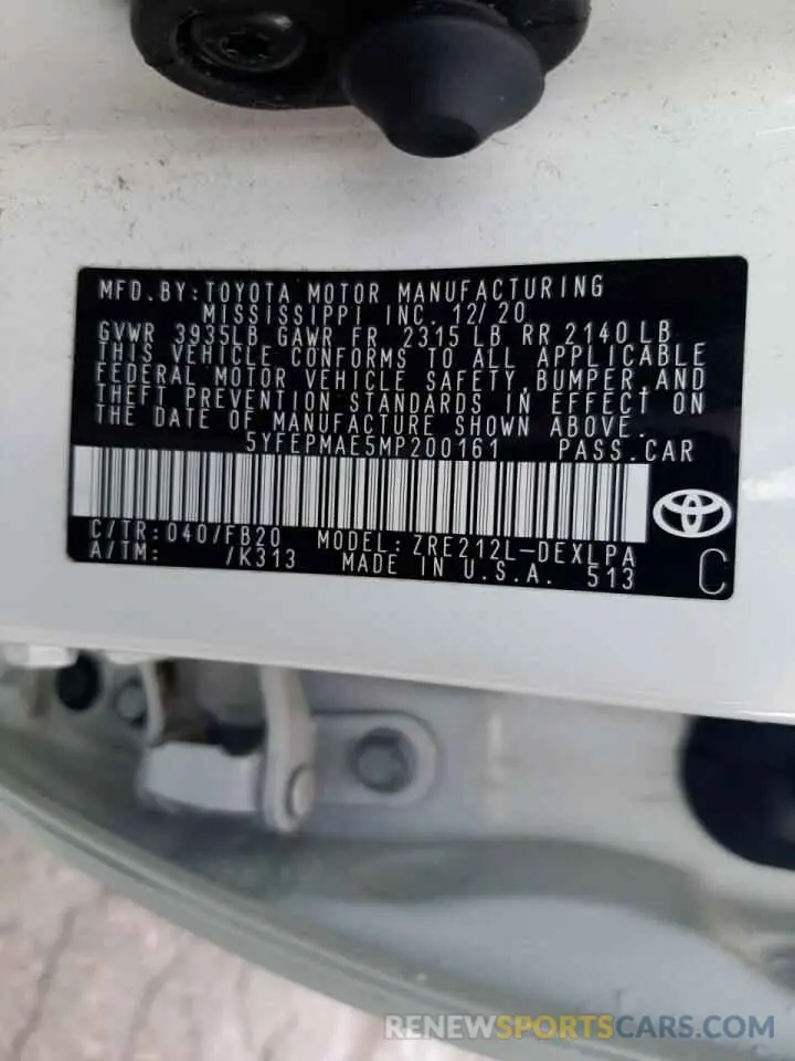 10 fotografías del automóvil dañado 5YFEPMAE5MP200161 TOYOTA COROLLA 2021