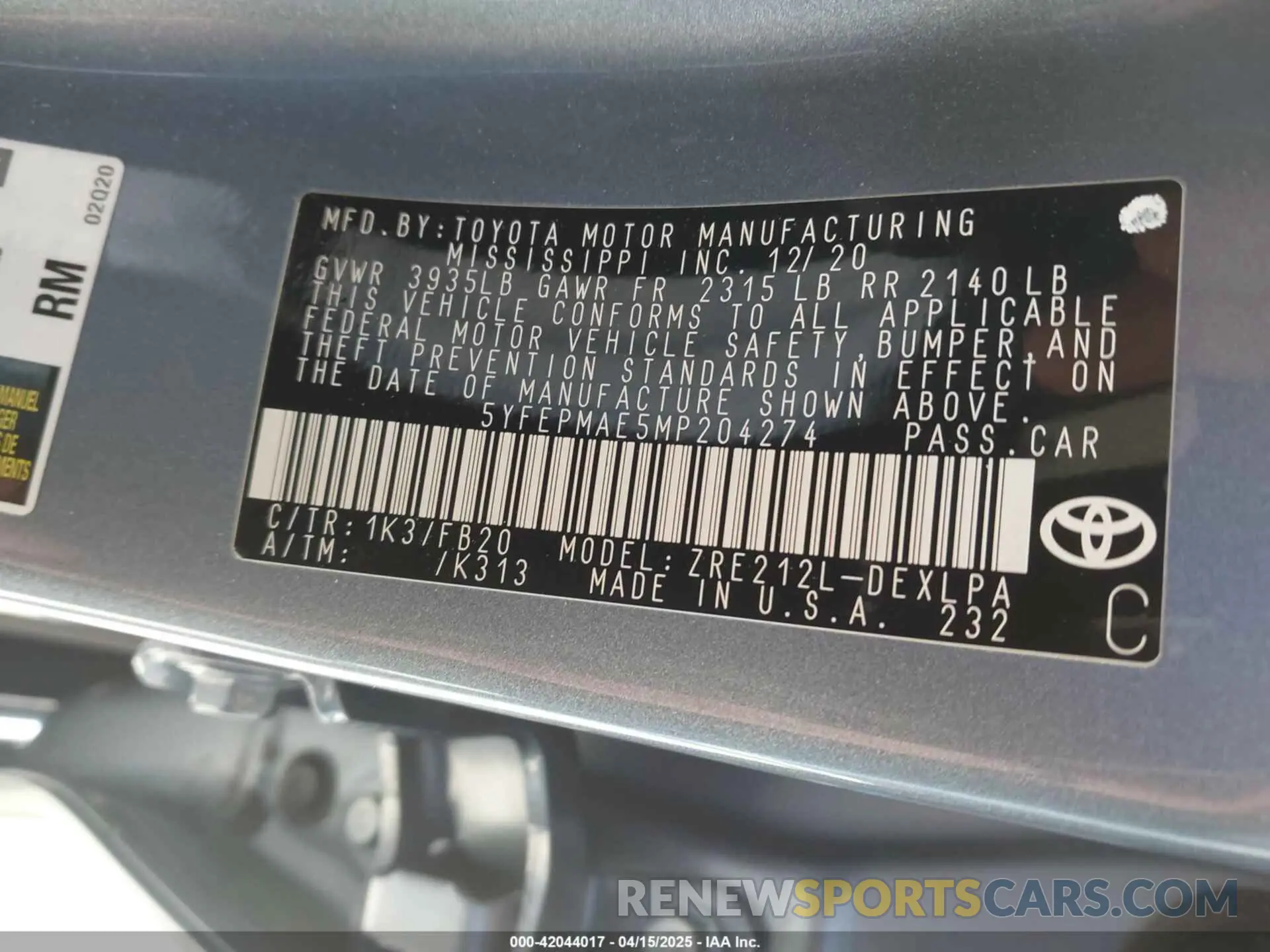 9 fotografías del automóvil dañado 5YFEPMAE5MP204274 TOYOTA COROLLA 2021