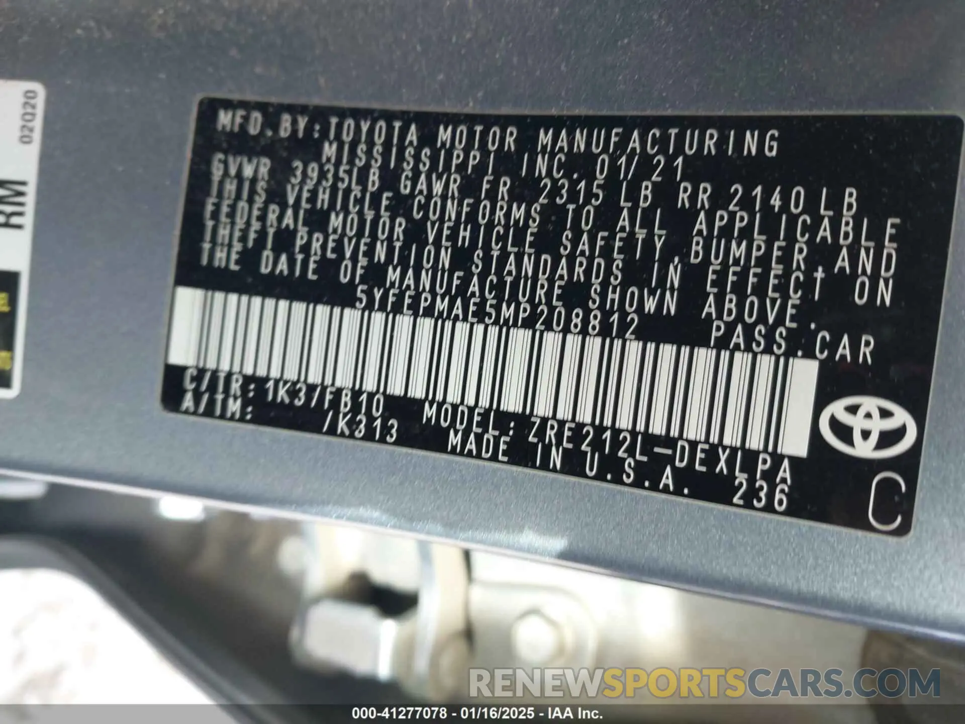 9 fotografías del automóvil dañado 5YFEPMAE5MP208812 TOYOTA COROLLA 2021
