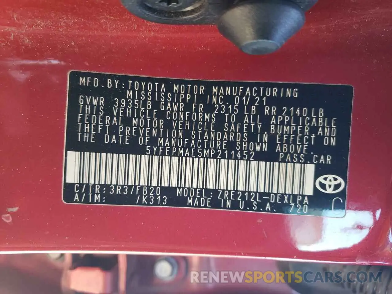 12 fotografías del automóvil dañado 5YFEPMAE5MP211452 TOYOTA COROLLA 2021