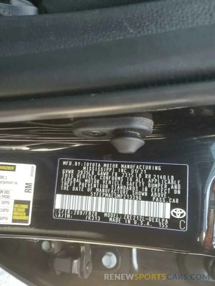 10 fotografías del automóvil dañado 5YFEPMAE5MP213296 TOYOTA COROLLA 2021