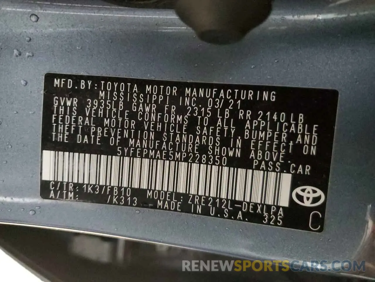 15 fotografías del automóvil dañado 5YFEPMAE5MP228350 TOYOTA COROLLA 2021