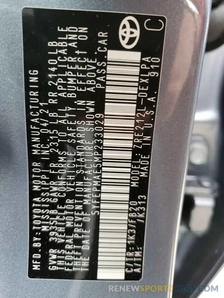 12 fotografías del automóvil dañado 5YFEPMAE5MP233029 TOYOTA COROLLA 2021