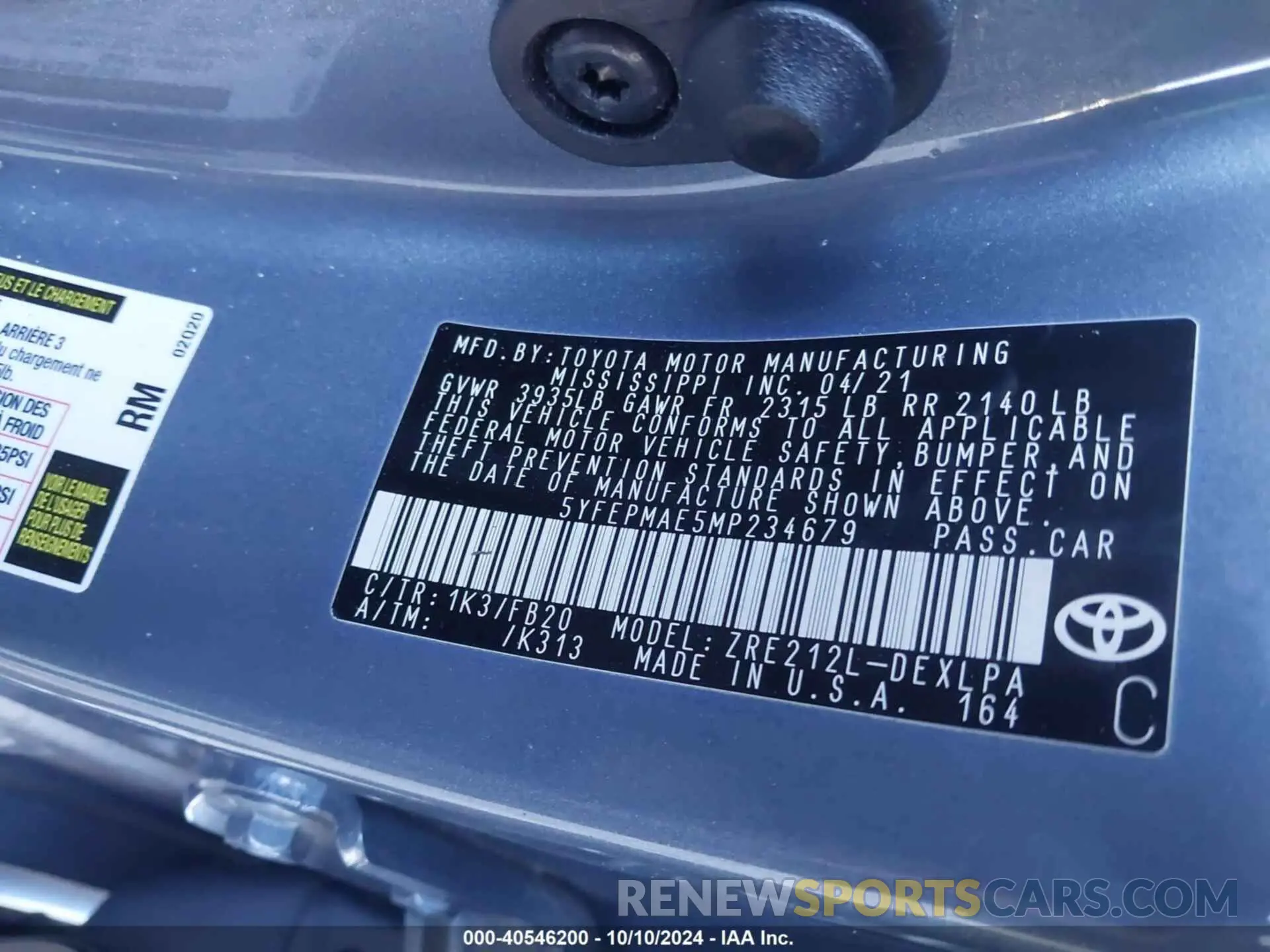 9 fotografías del automóvil dañado 5YFEPMAE5MP234679 TOYOTA COROLLA 2021