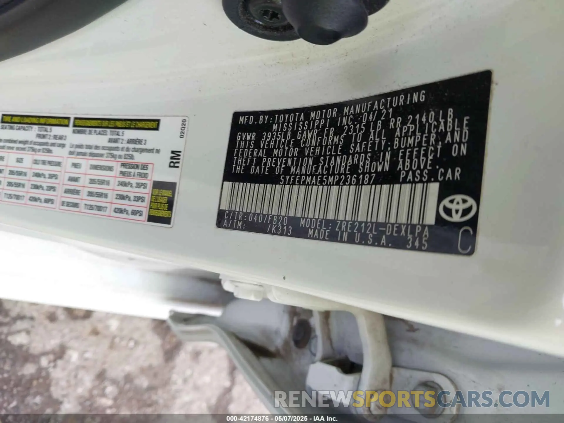 9 fotografías del automóvil dañado 5YFEPMAE5MP236187 TOYOTA COROLLA 2021