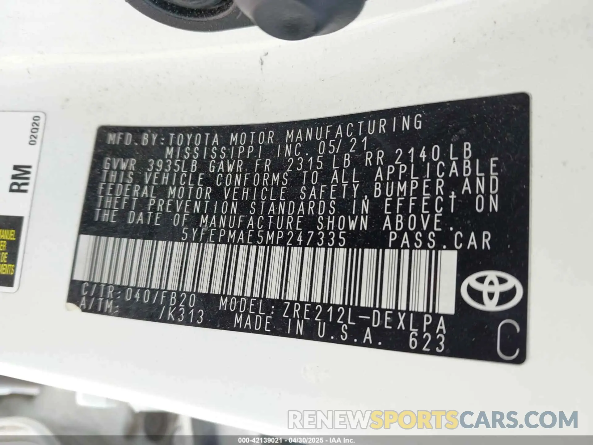 9 fotografías del automóvil dañado 5YFEPMAE5MP247335 TOYOTA COROLLA 2021