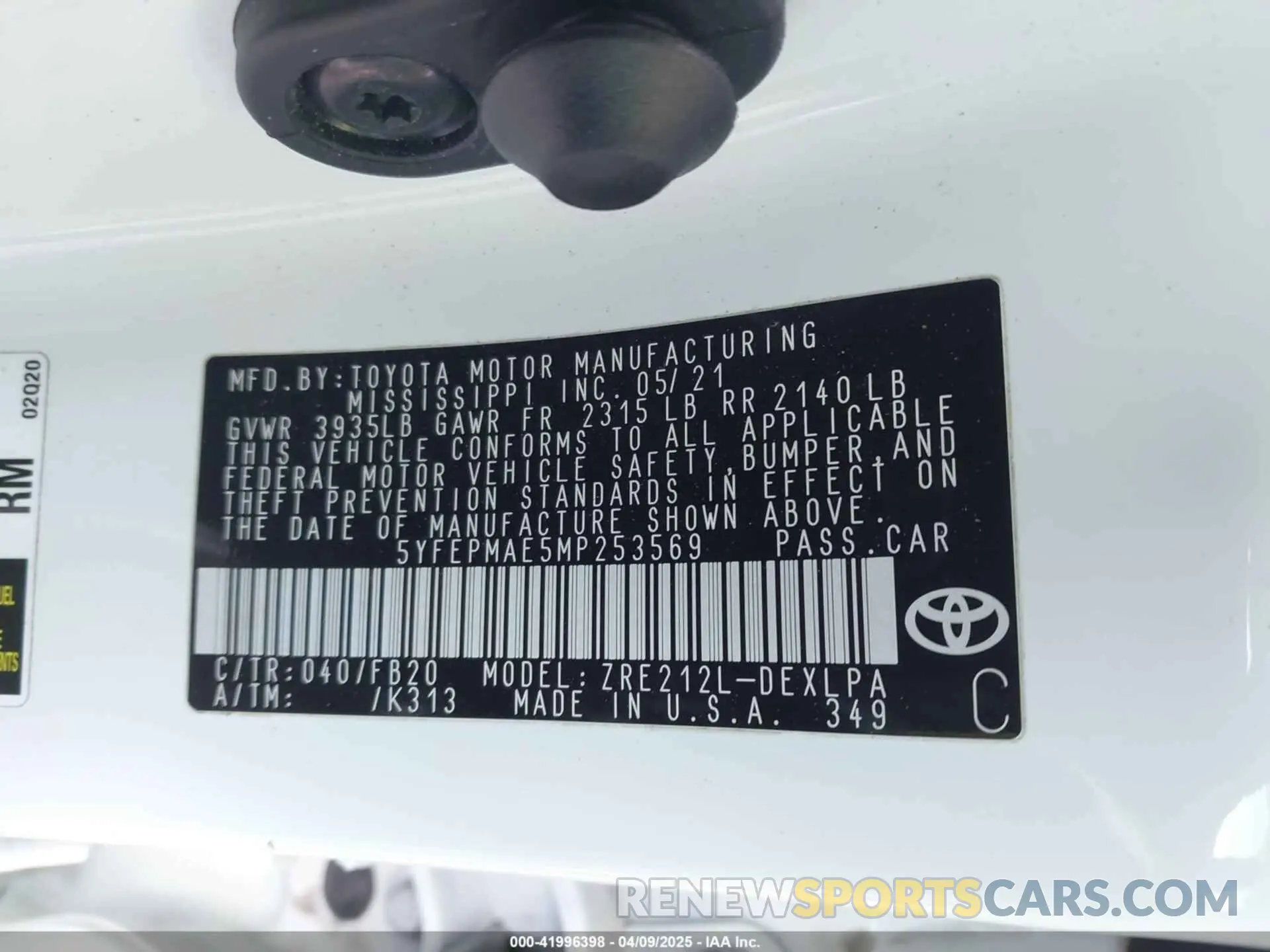 9 fotografías del automóvil dañado 5YFEPMAE5MP253569 TOYOTA COROLLA 2021