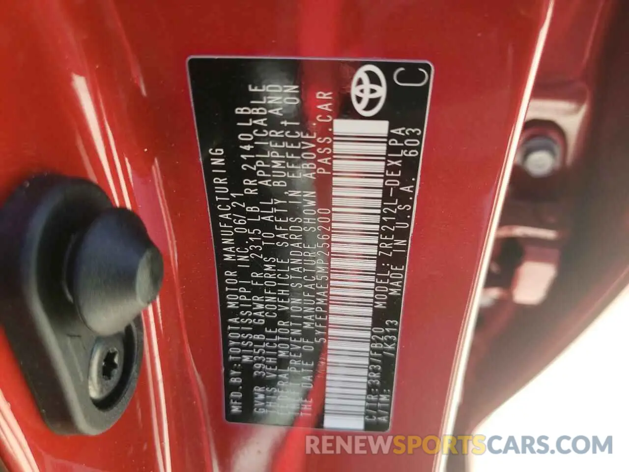 10 fotografías del automóvil dañado 5YFEPMAE5MP256200 TOYOTA COROLLA 2021