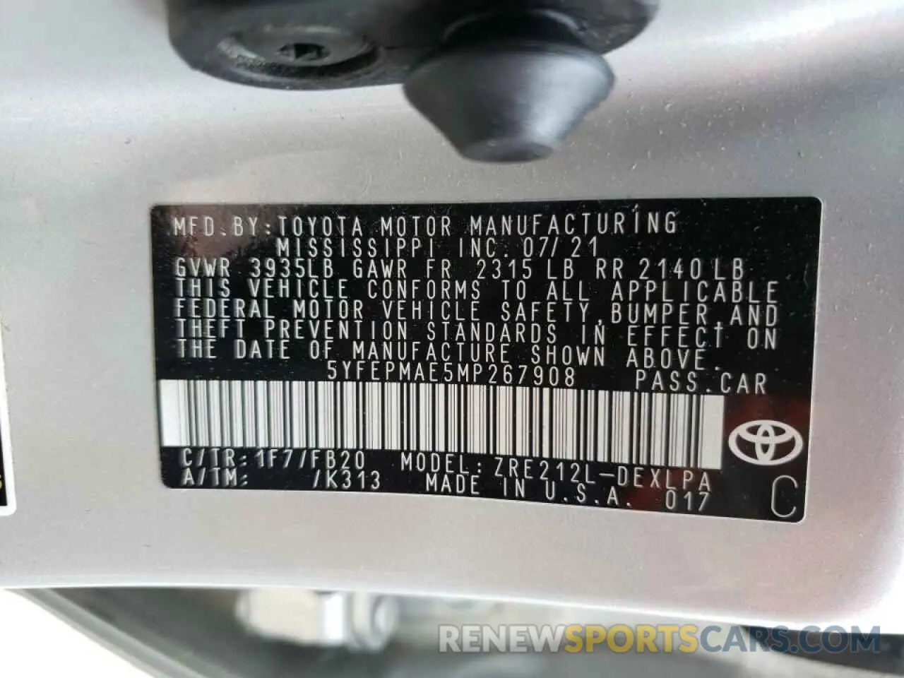 10 fotografías del automóvil dañado 5YFEPMAE5MP267908 TOYOTA COROLLA 2021