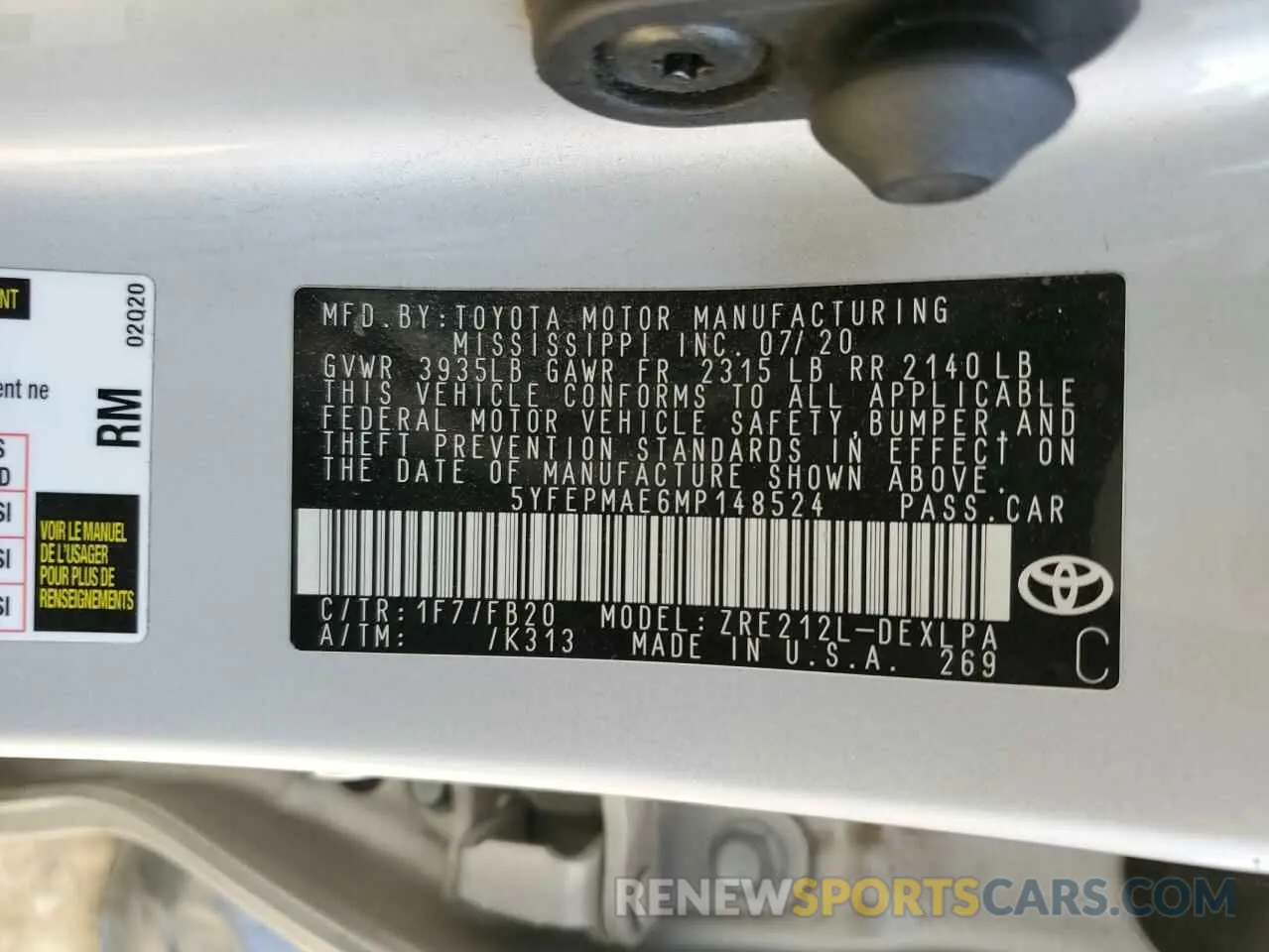 12 fotografías del automóvil dañado 5YFEPMAE6MP148524 TOYOTA COROLLA 2021