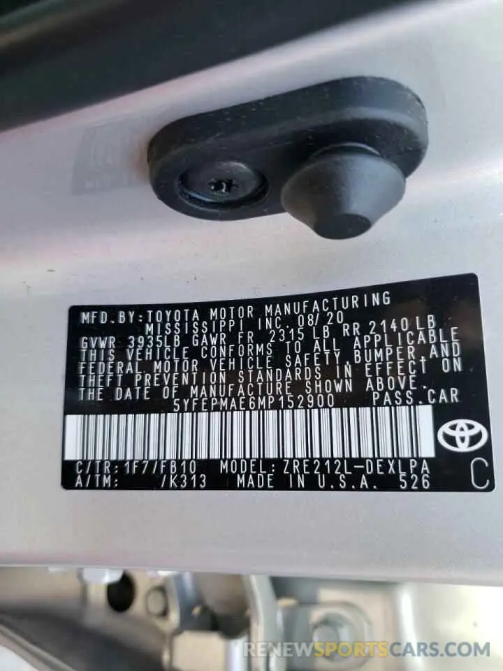 10 fotografías del automóvil dañado 5YFEPMAE6MP152900 TOYOTA COROLLA 2021