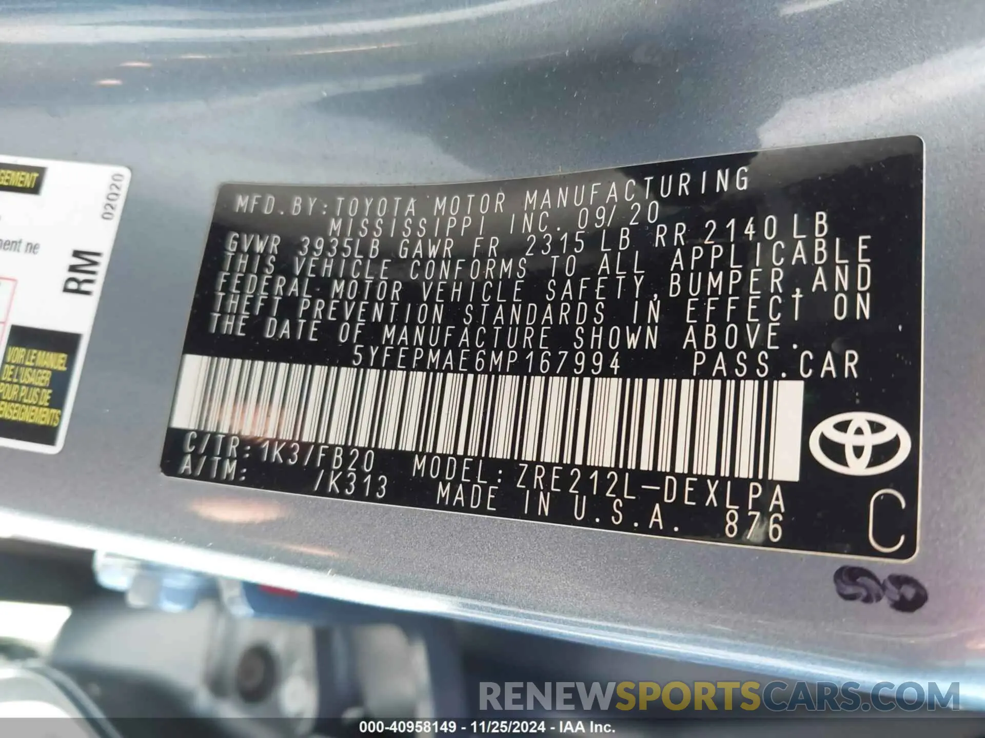9 fotografías del automóvil dañado 5YFEPMAE6MP167994 TOYOTA COROLLA 2021