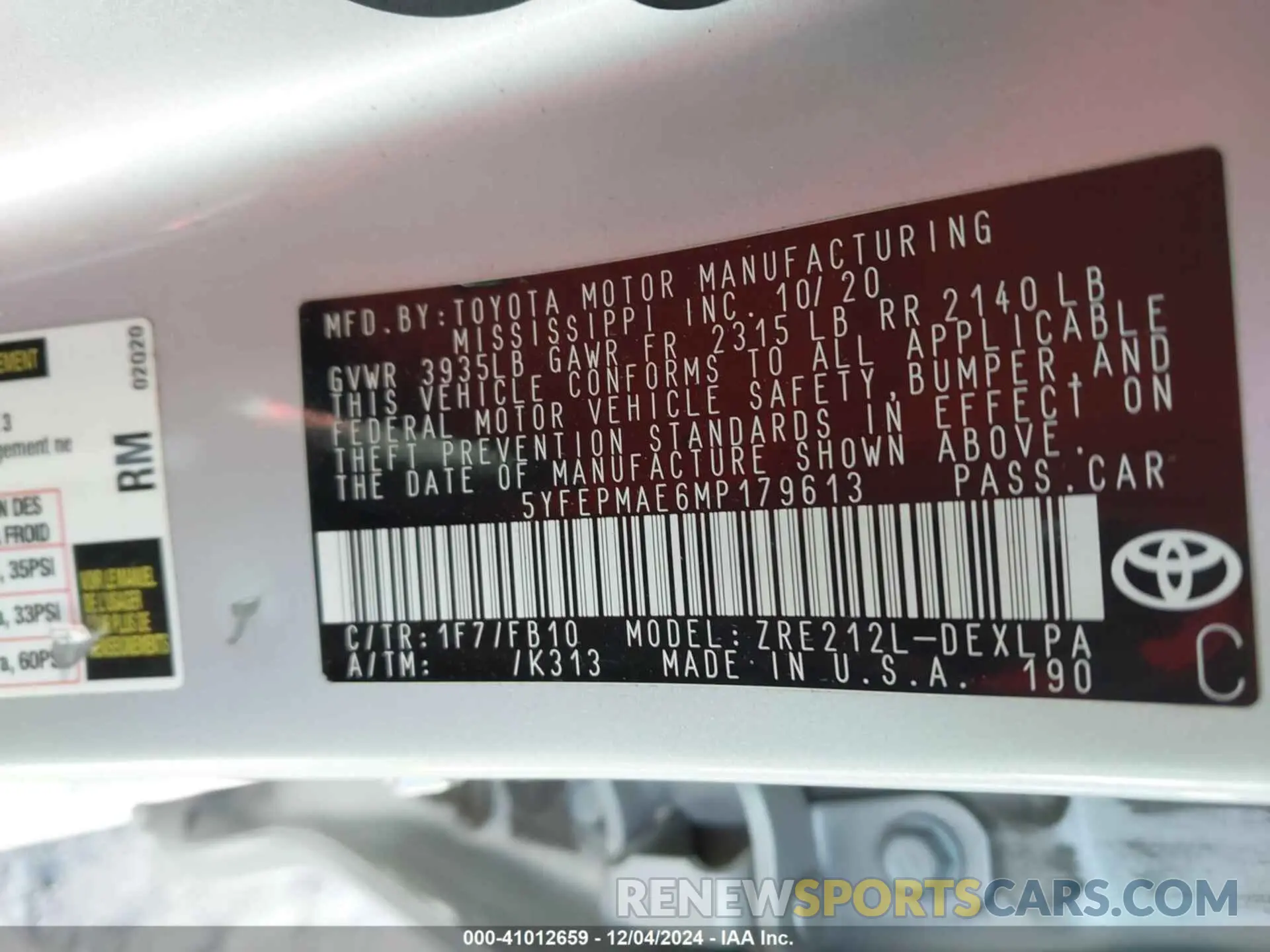 9 fotografías del automóvil dañado 5YFEPMAE6MP179613 TOYOTA COROLLA 2021
