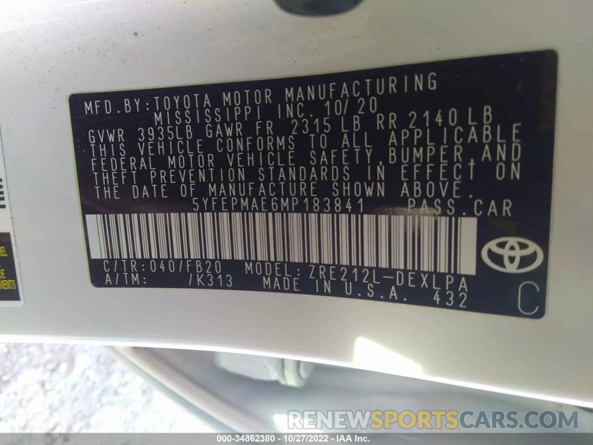 9 fotografías del automóvil dañado 5YFEPMAE6MP183841 TOYOTA COROLLA 2021