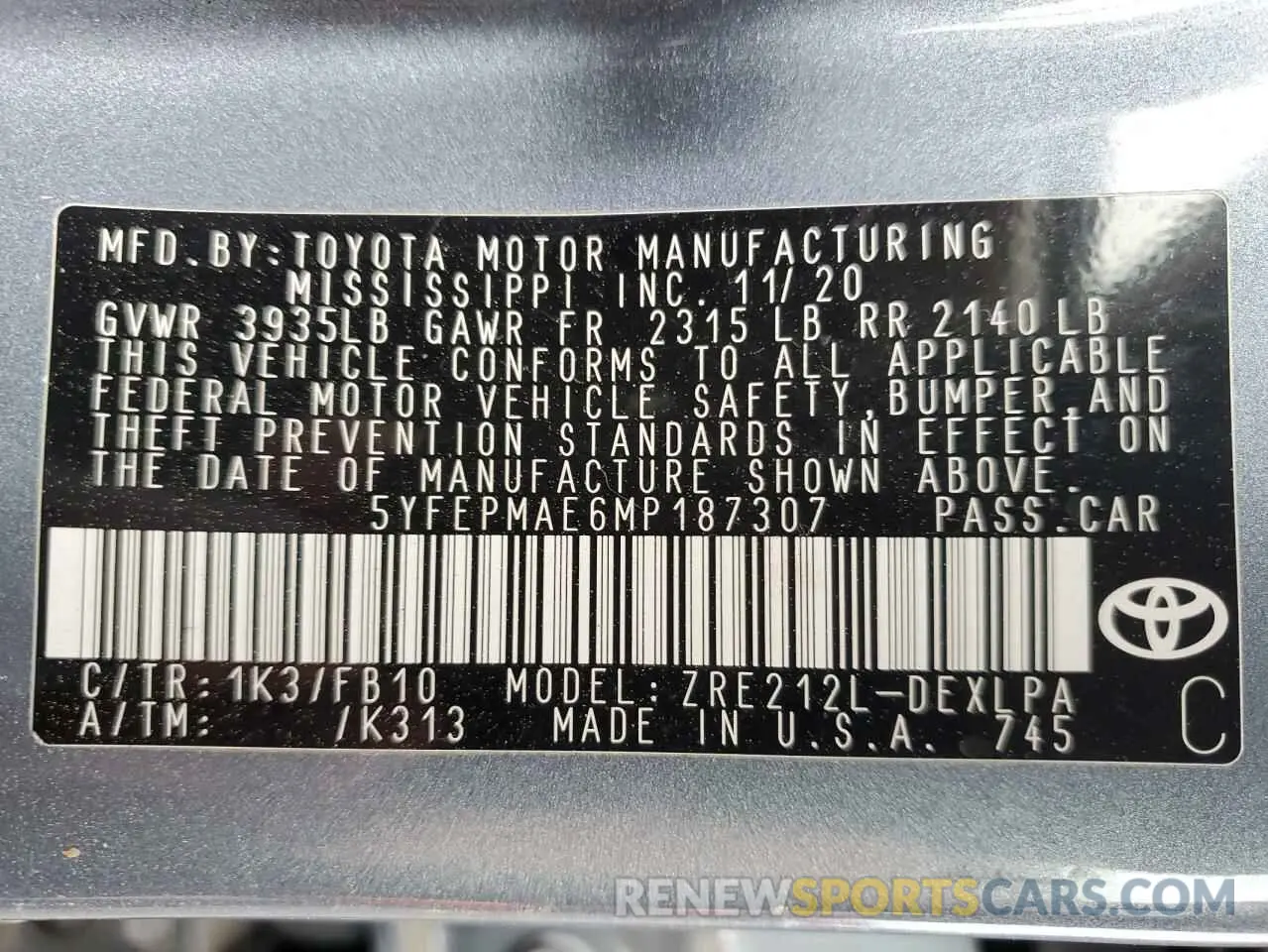 13 fotografías del automóvil dañado 5YFEPMAE6MP187307 TOYOTA COROLLA 2021