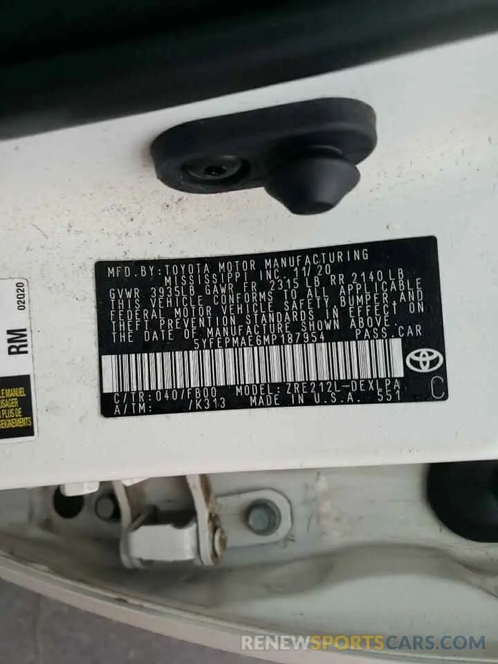 12 fotografías del automóvil dañado 5YFEPMAE6MP187954 TOYOTA COROLLA 2021