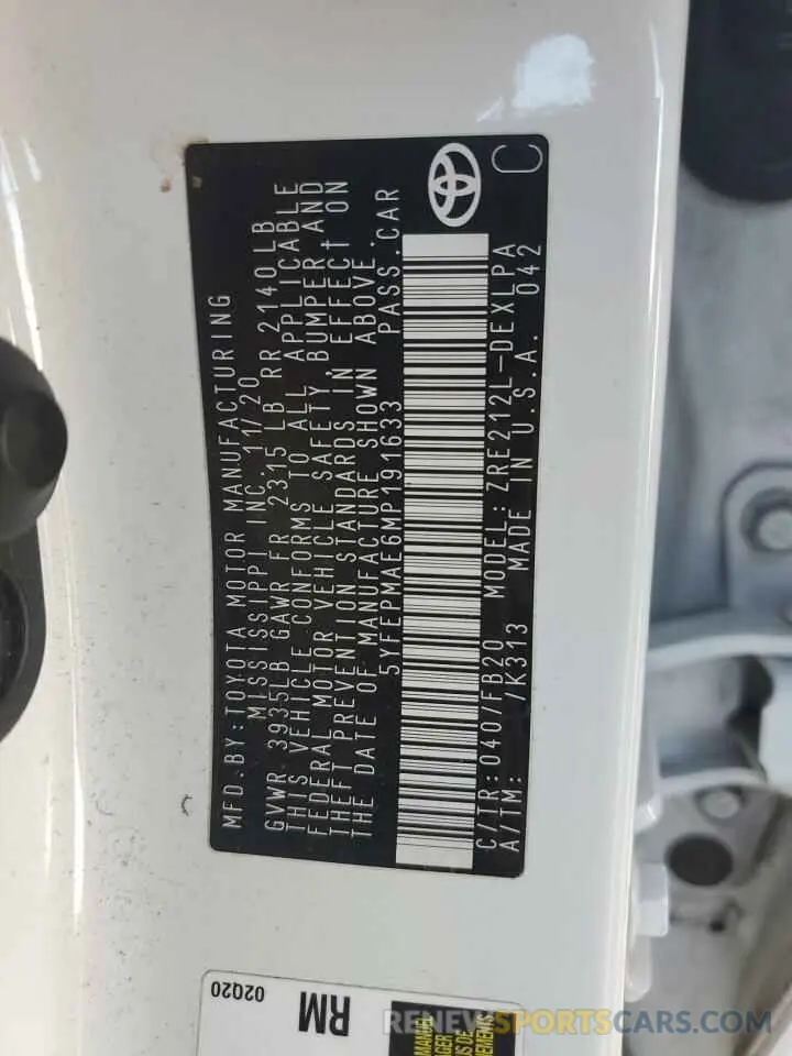 12 fotografías del automóvil dañado 5YFEPMAE6MP191633 TOYOTA COROLLA 2021
