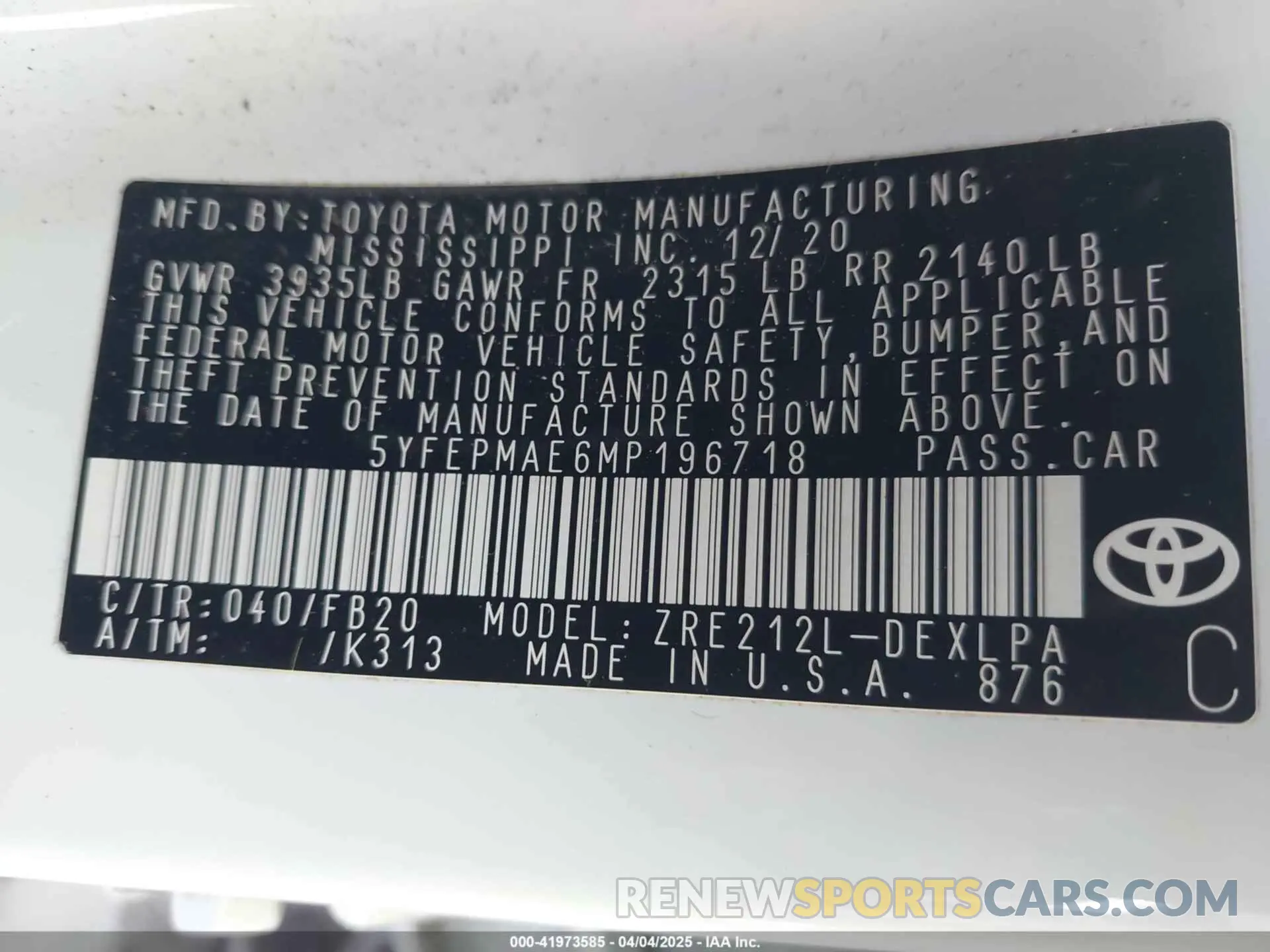 9 fotografías del automóvil dañado 5YFEPMAE6MP196718 TOYOTA COROLLA 2021