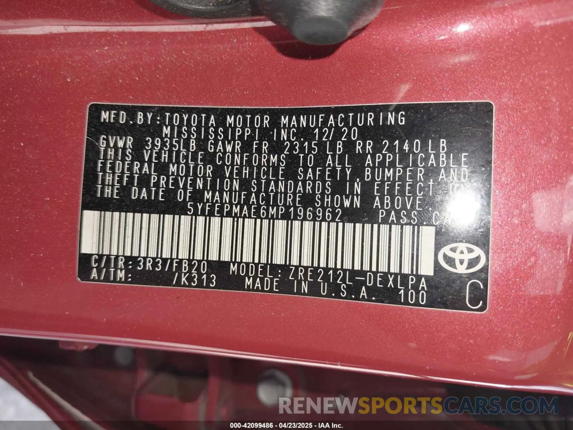 9 fotografías del automóvil dañado 5YFEPMAE6MP196962 TOYOTA COROLLA 2021
