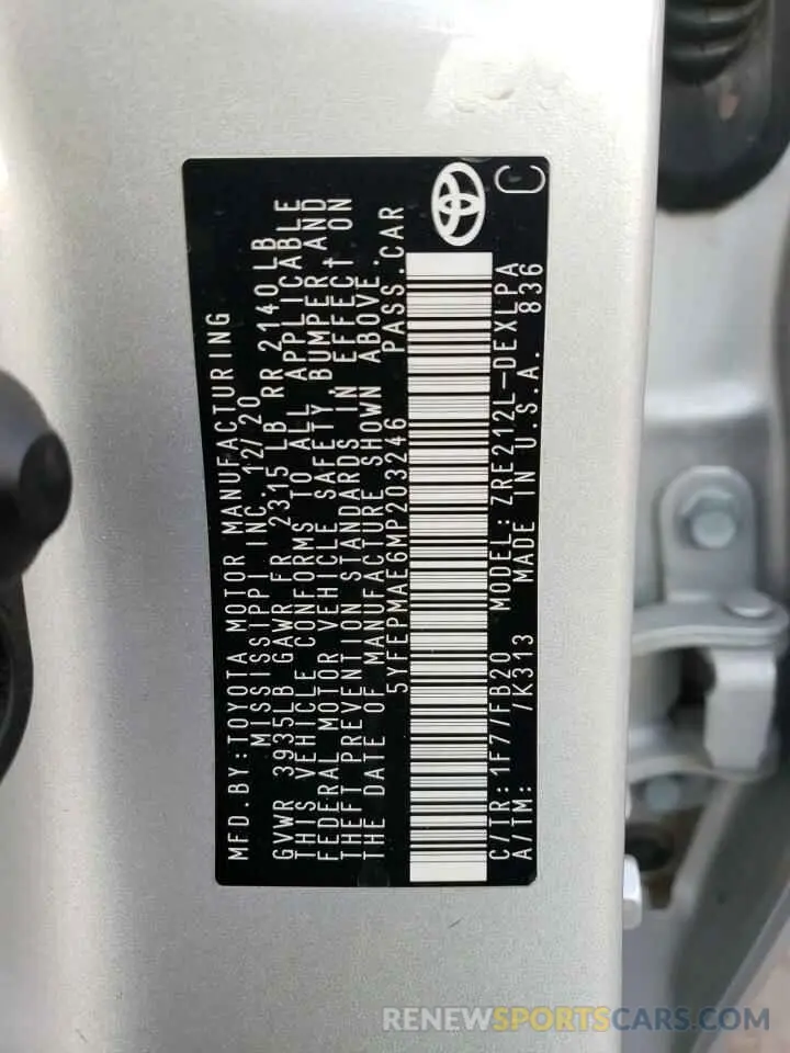 12 fotografías del automóvil dañado 5YFEPMAE6MP203246 TOYOTA COROLLA 2021