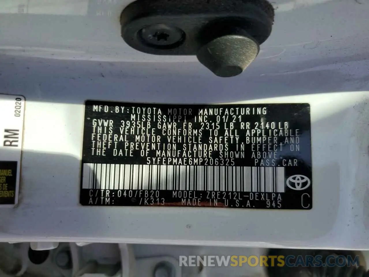 13 fotografías del automóvil dañado 5YFEPMAE6MP206325 TOYOTA COROLLA 2021
