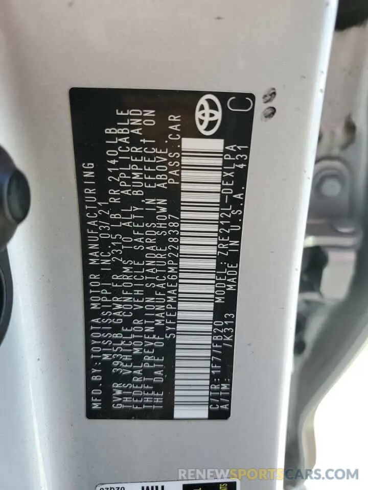 12 fotografías del automóvil dañado 5YFEPMAE6MP228387 TOYOTA COROLLA 2021