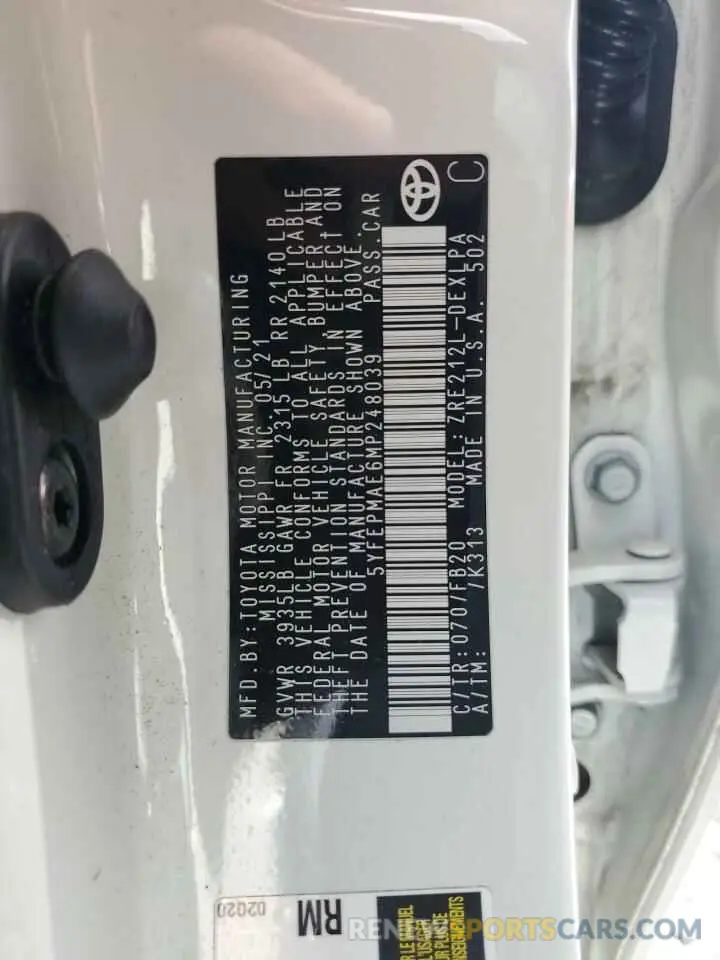 12 fotografías del automóvil dañado 5YFEPMAE6MP248039 TOYOTA COROLLA 2021