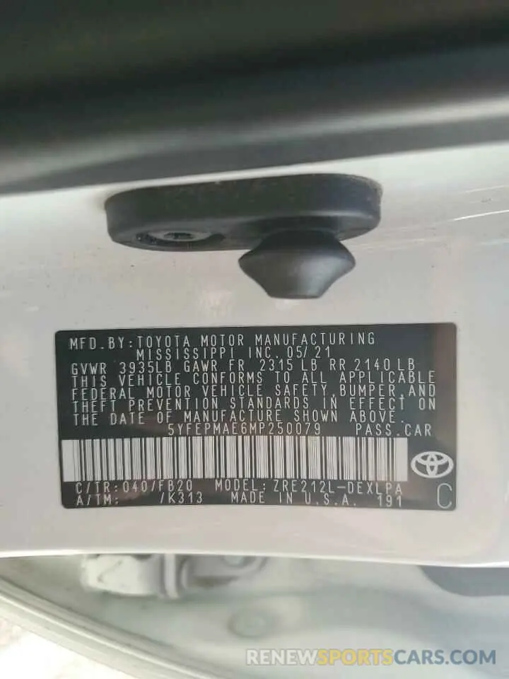 13 fotografías del automóvil dañado 5YFEPMAE6MP250079 TOYOTA COROLLA 2021