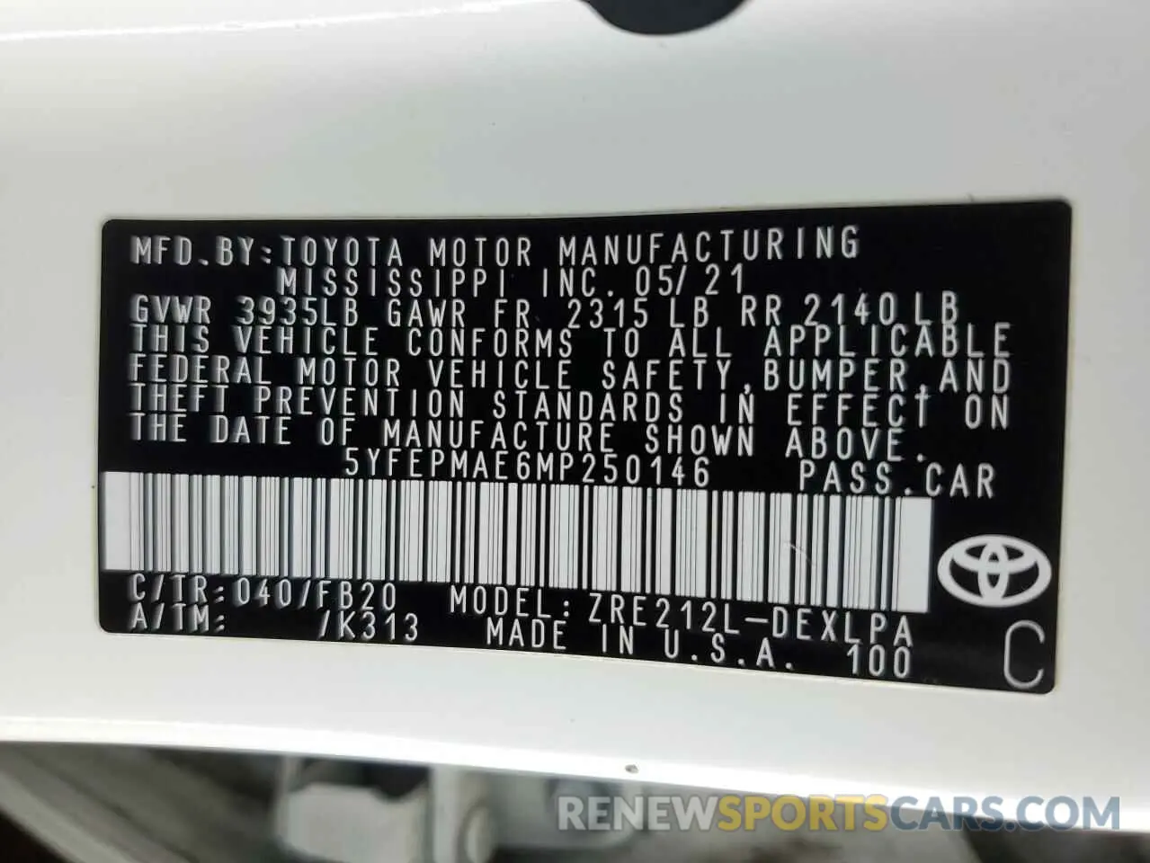 12 fotografías del automóvil dañado 5YFEPMAE6MP250146 TOYOTA COROLLA 2021