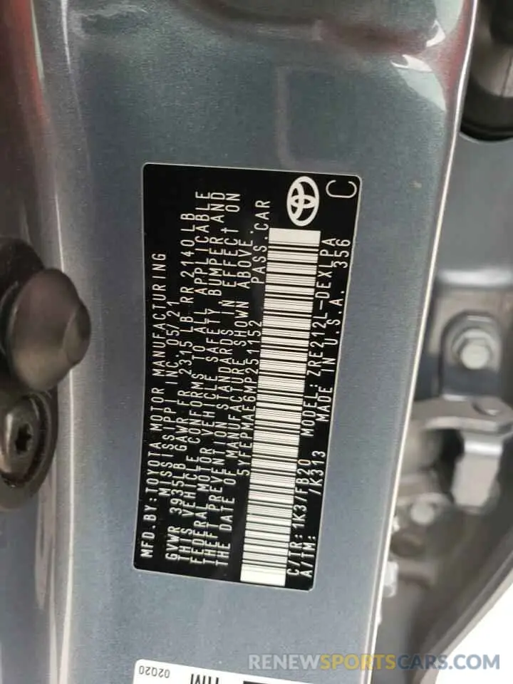 12 fotografías del automóvil dañado 5YFEPMAE6MP251152 TOYOTA COROLLA 2021