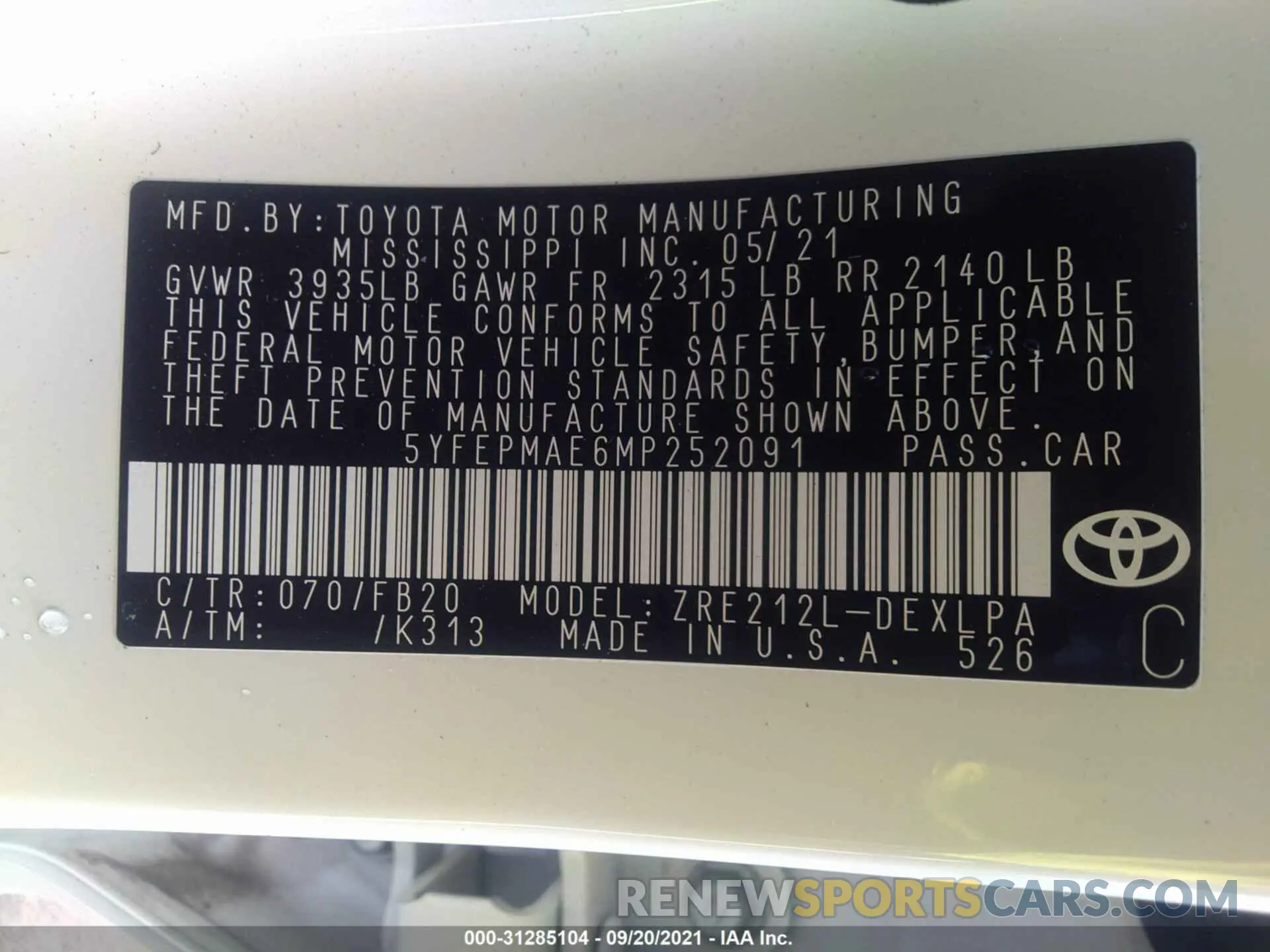 9 fotografías del automóvil dañado 5YFEPMAE6MP252091 TOYOTA COROLLA 2021