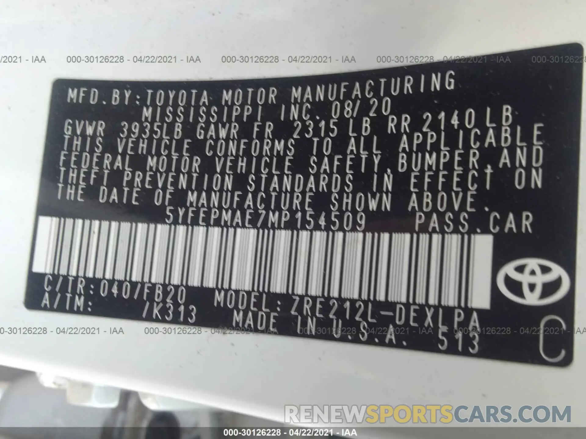 9 fotografías del automóvil dañado 5YFEPMAE7MP154509 TOYOTA COROLLA 2021