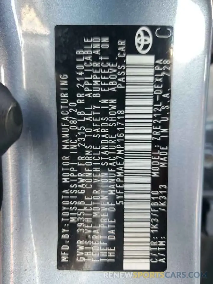 12 fotografías del automóvil dañado 5YFEPMAE7MP161718 TOYOTA COROLLA 2021