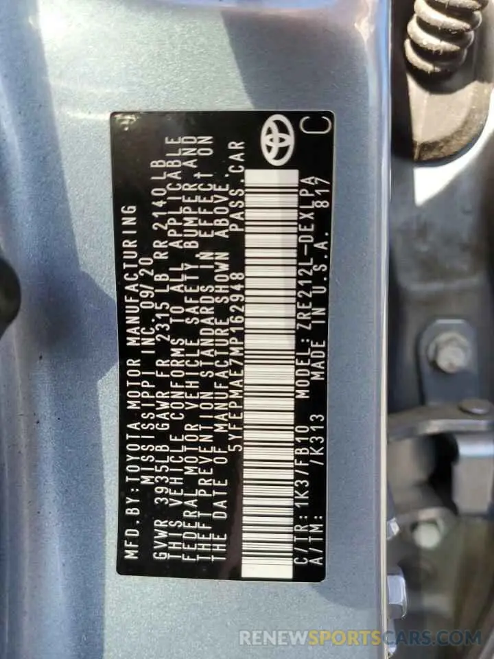 12 fotografías del automóvil dañado 5YFEPMAE7MP162948 TOYOTA COROLLA 2021
