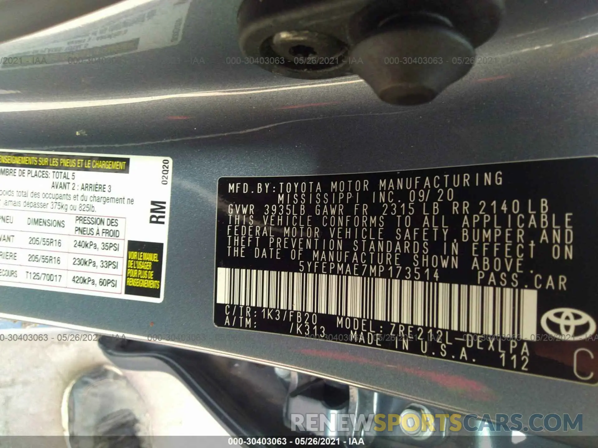 9 fotografías del automóvil dañado 5YFEPMAE7MP173514 TOYOTA COROLLA 2021