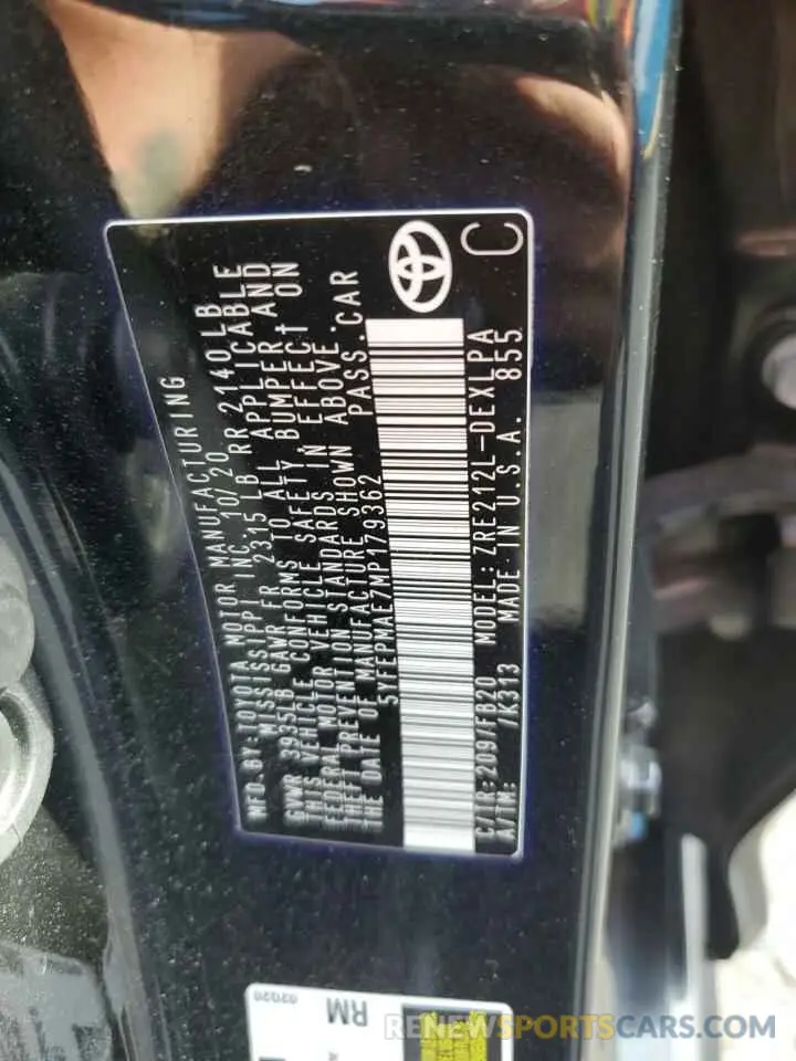 12 fotografías del automóvil dañado 5YFEPMAE7MP179362 TOYOTA COROLLA 2021
