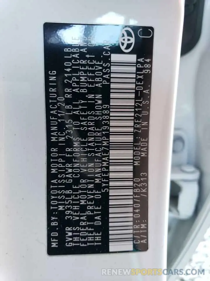 12 fotografías del automóvil dañado 5YFEPMAE7MP193889 TOYOTA COROLLA 2021