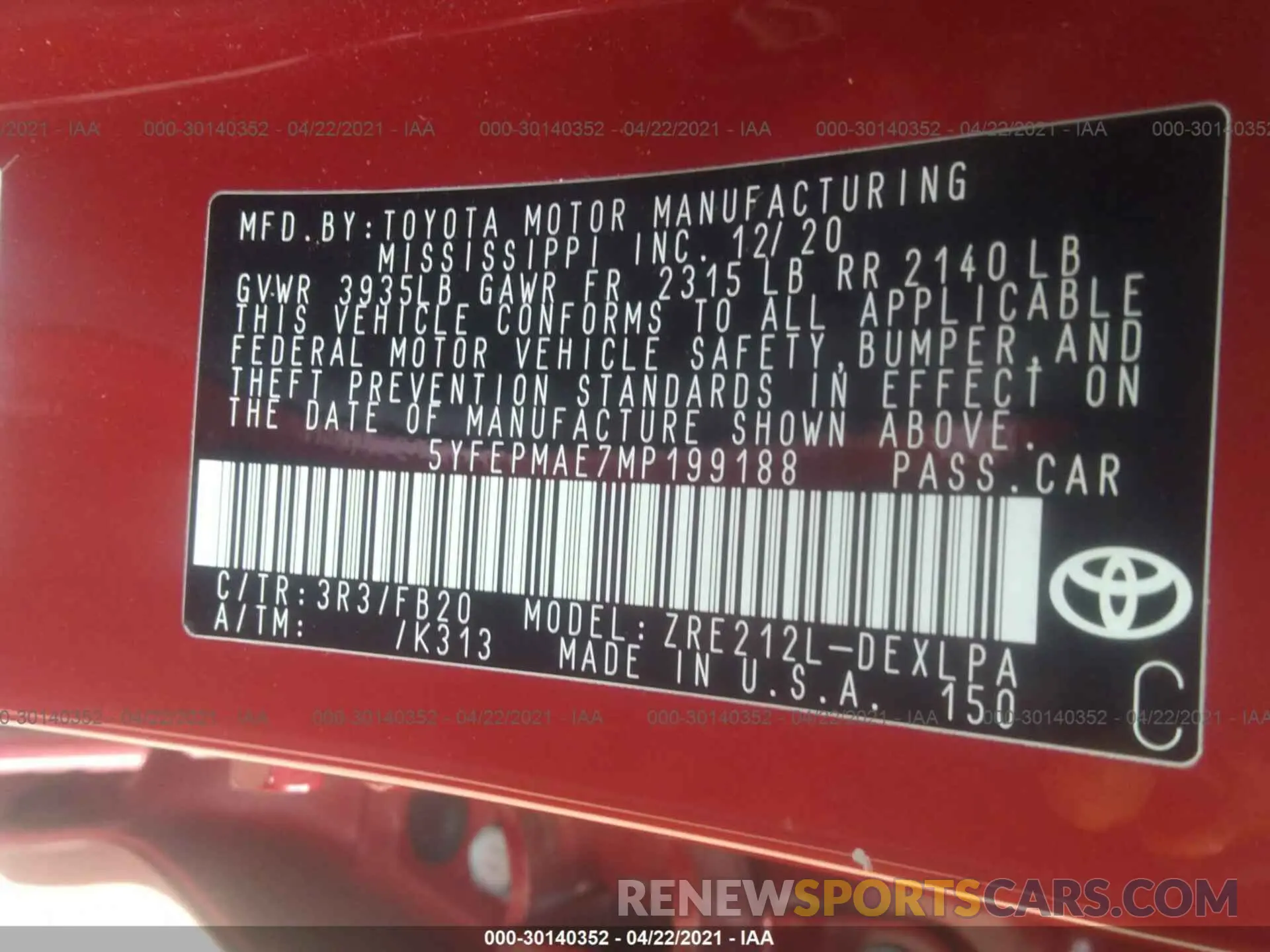 9 fotografías del automóvil dañado 5YFEPMAE7MP199188 TOYOTA COROLLA 2021