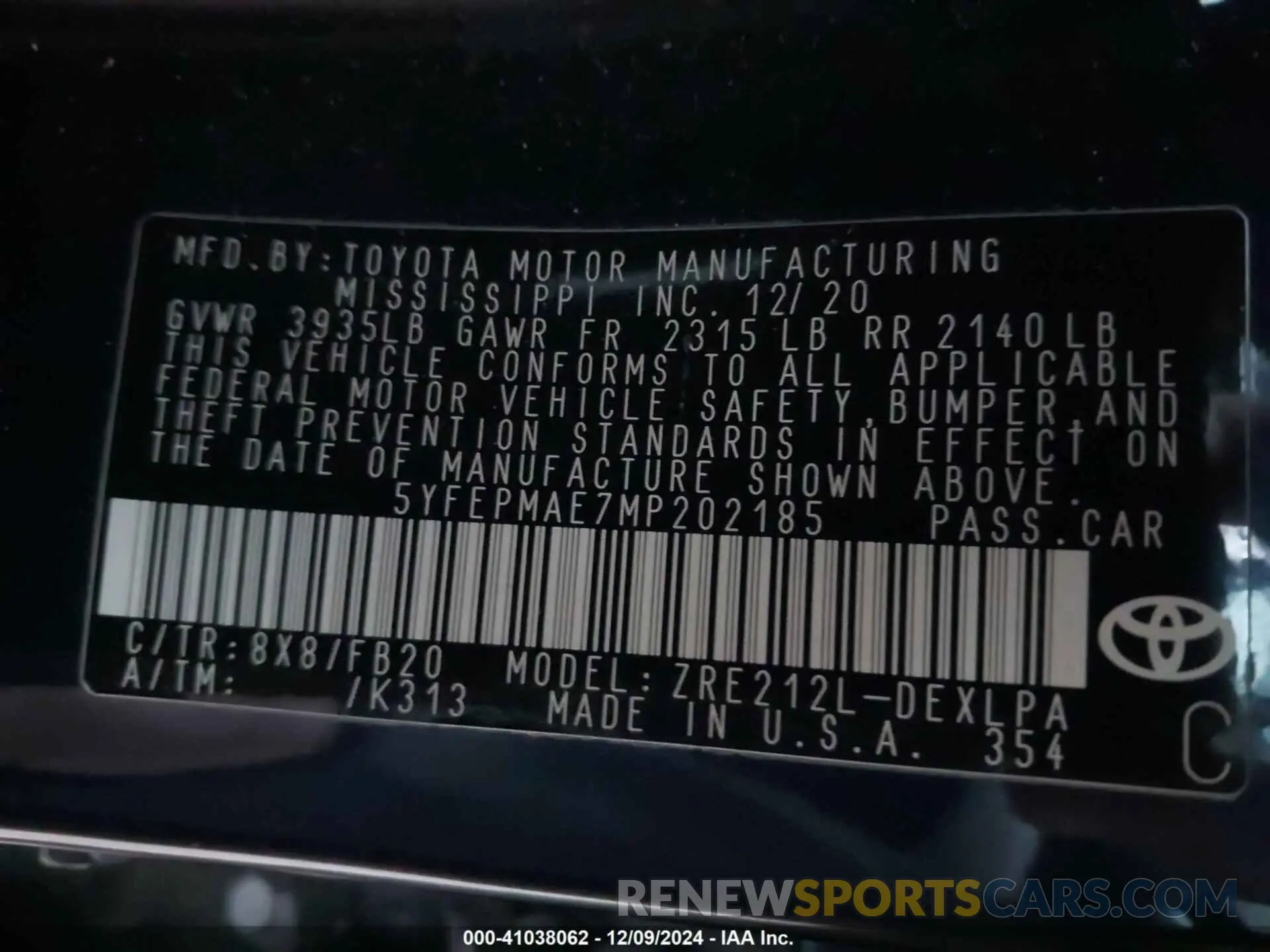 9 fotografías del automóvil dañado 5YFEPMAE7MP202185 TOYOTA COROLLA 2021