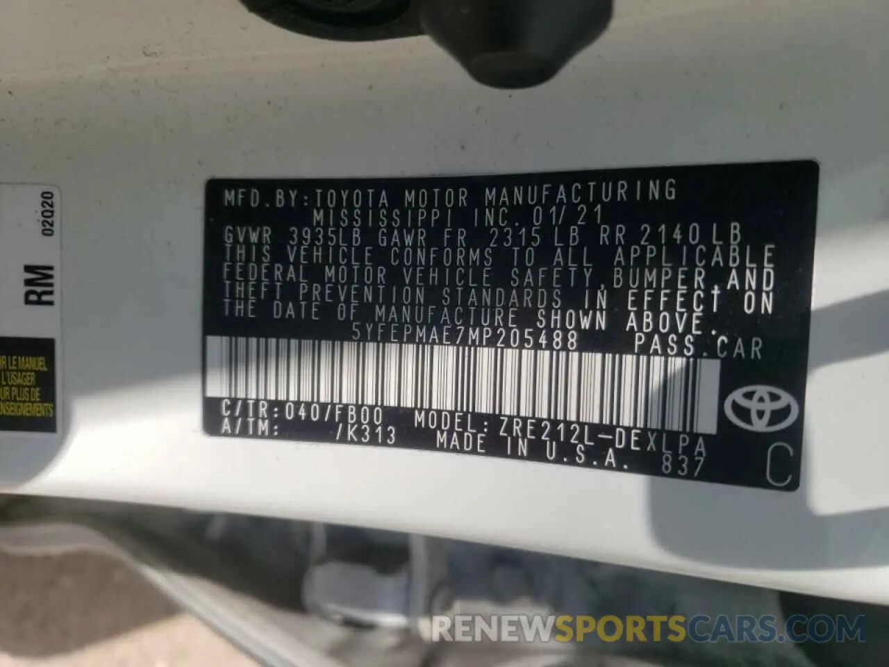 10 fotografías del automóvil dañado 5YFEPMAE7MP205488 TOYOTA COROLLA 2021