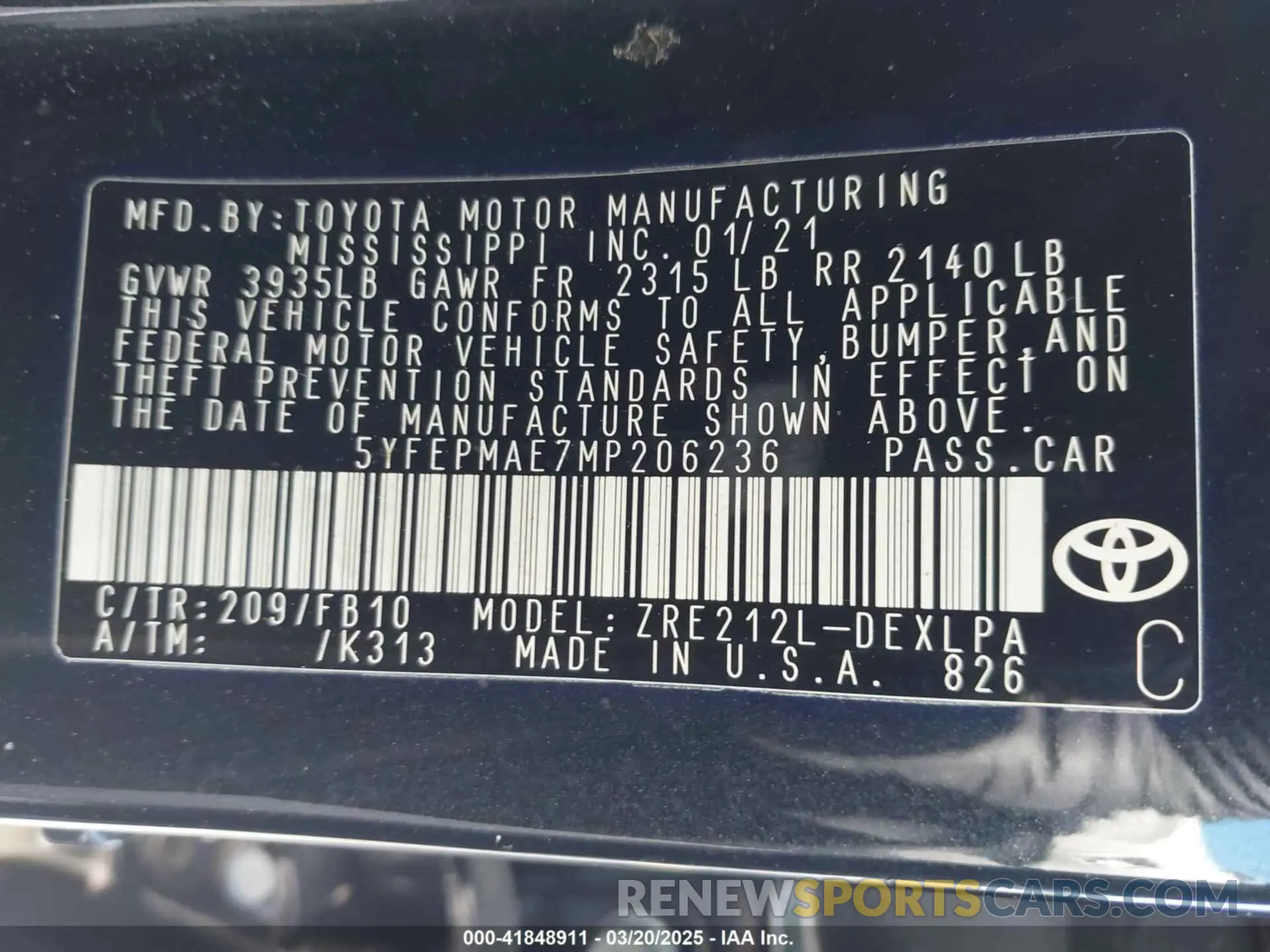 9 fotografías del automóvil dañado 5YFEPMAE7MP206236 TOYOTA COROLLA 2021