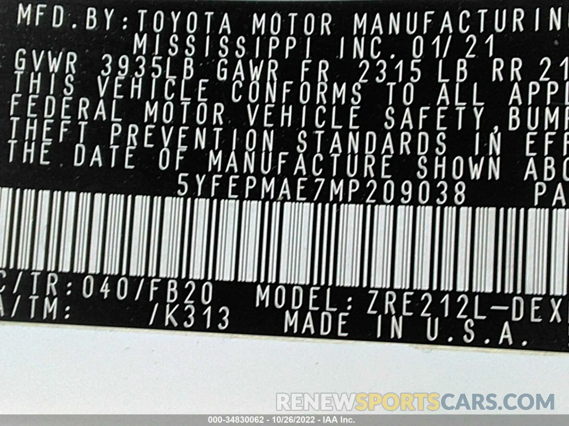 9 fotografías del automóvil dañado 5YFEPMAE7MP209038 TOYOTA COROLLA 2021