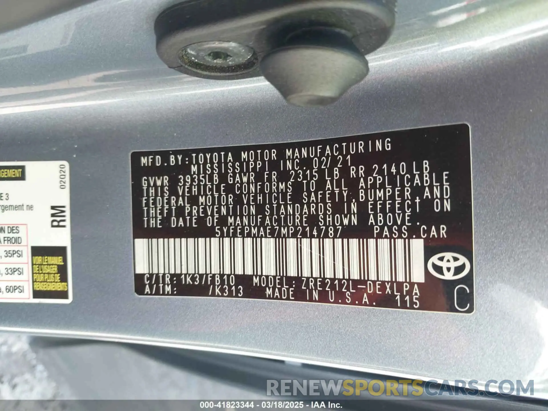 9 fotografías del automóvil dañado 5YFEPMAE7MP214787 TOYOTA COROLLA 2021